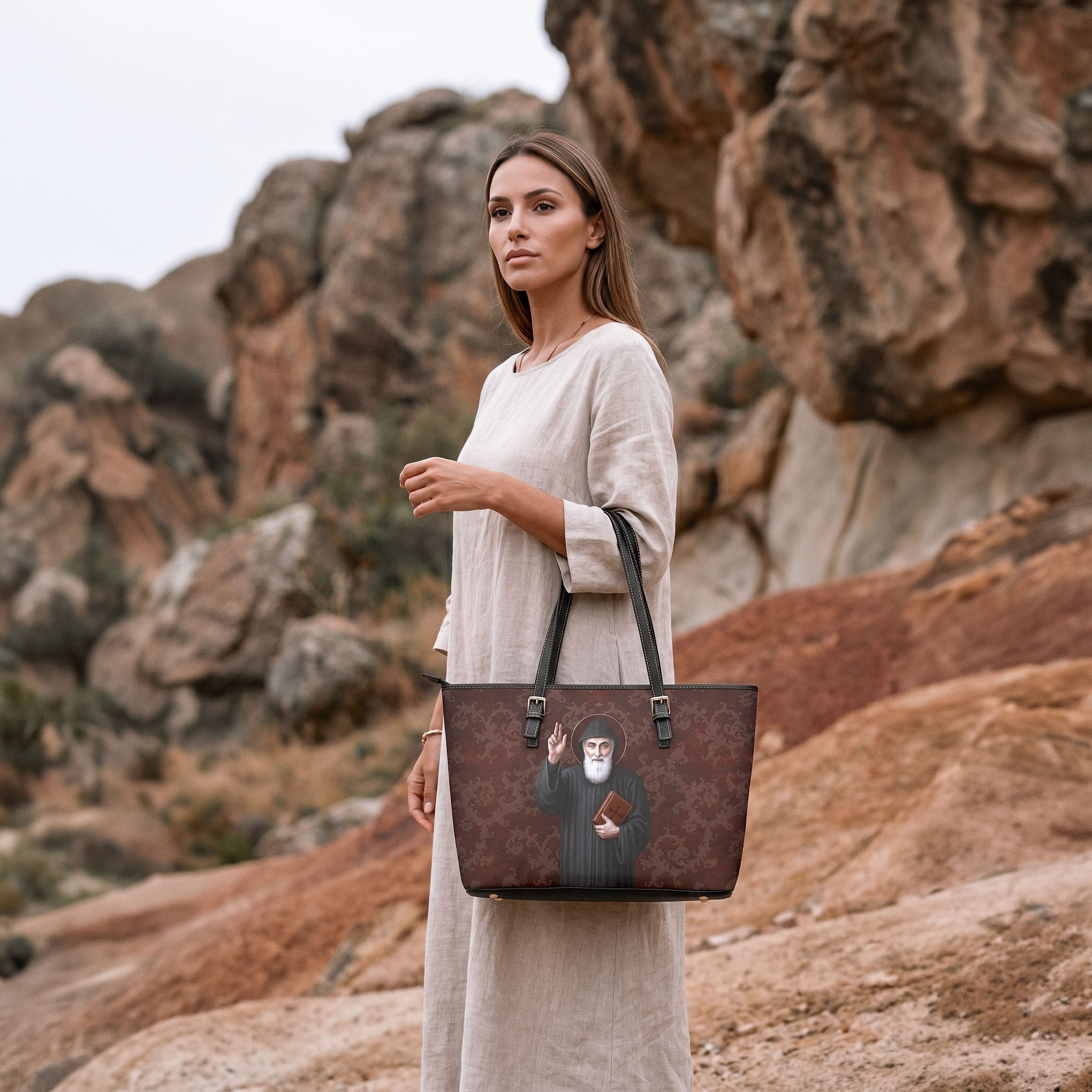 St. Charbel Tote Bag (Damask Mahogany) Copyright VENXARA