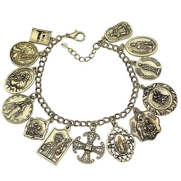 Assembly of Saints Bracelet of Medals in Antique Gold