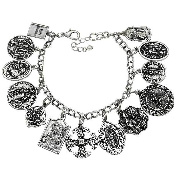 Assembly of Saints Bracelet of Medals in Antique Silver