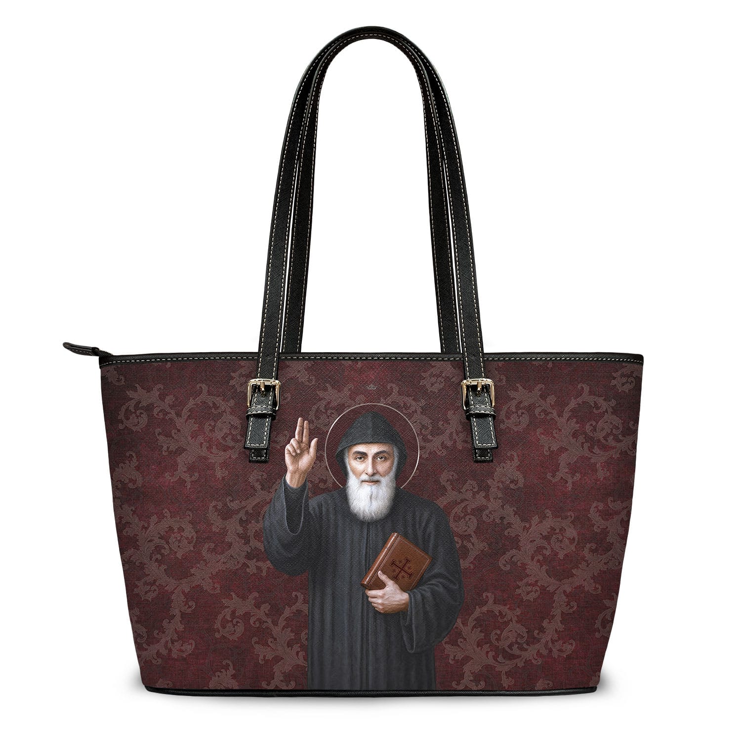 St. Charbel Tote Bag (Damask Mahogany) Copyright VENXARA