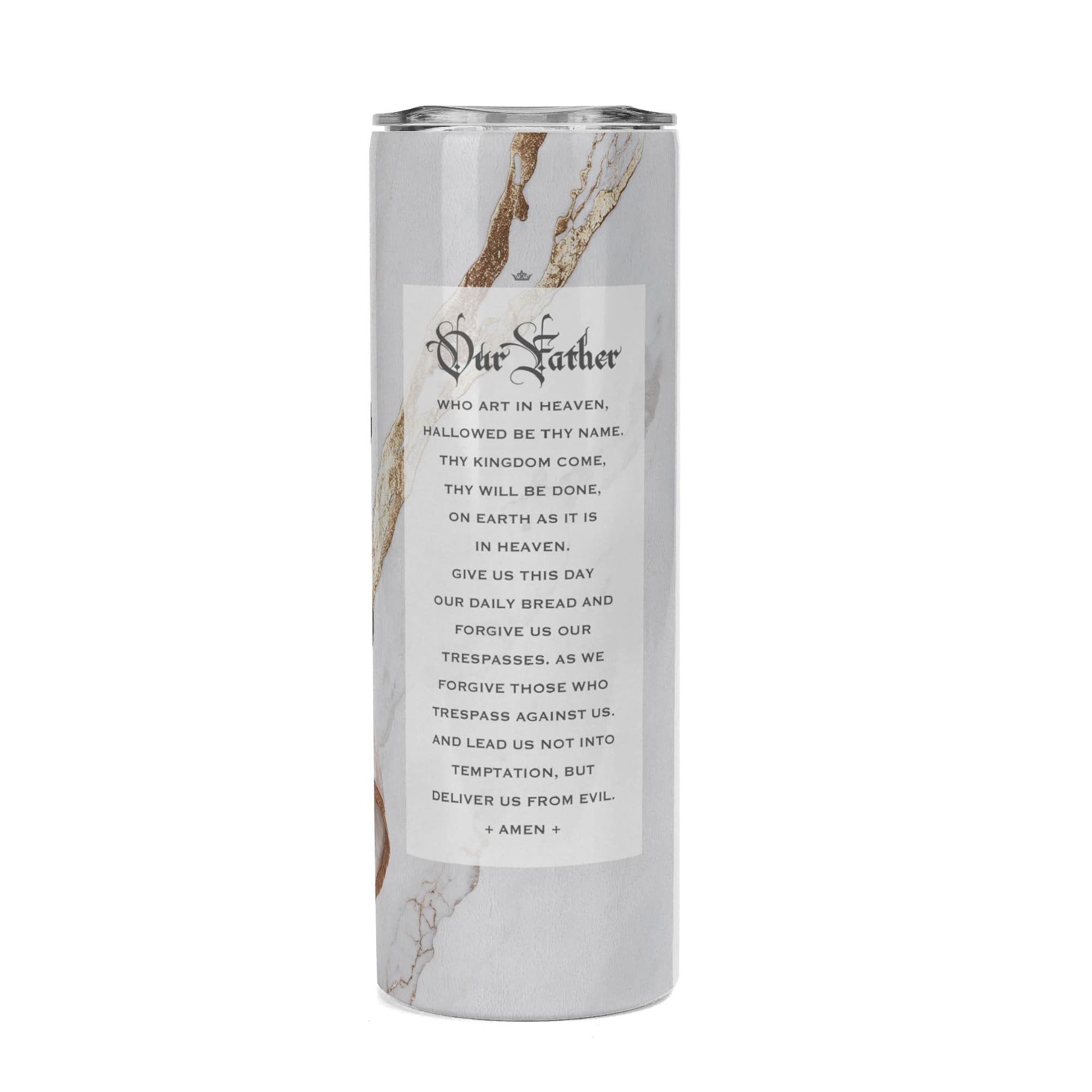 St. Joan of Arc Lord's Prayer Skinny Tumbler (Blanc Marble 20 oz) Copyright VENXARA
