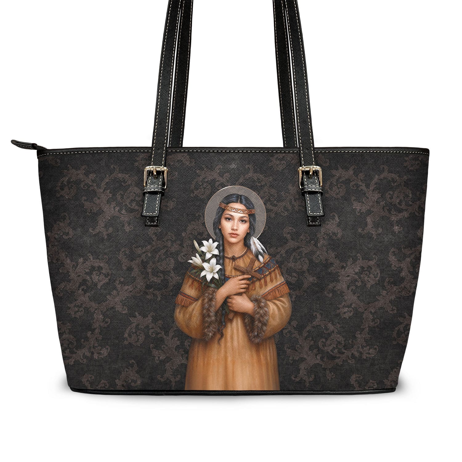St. Kateri Tote Bag (Damask Umber) Copyright VENXARA