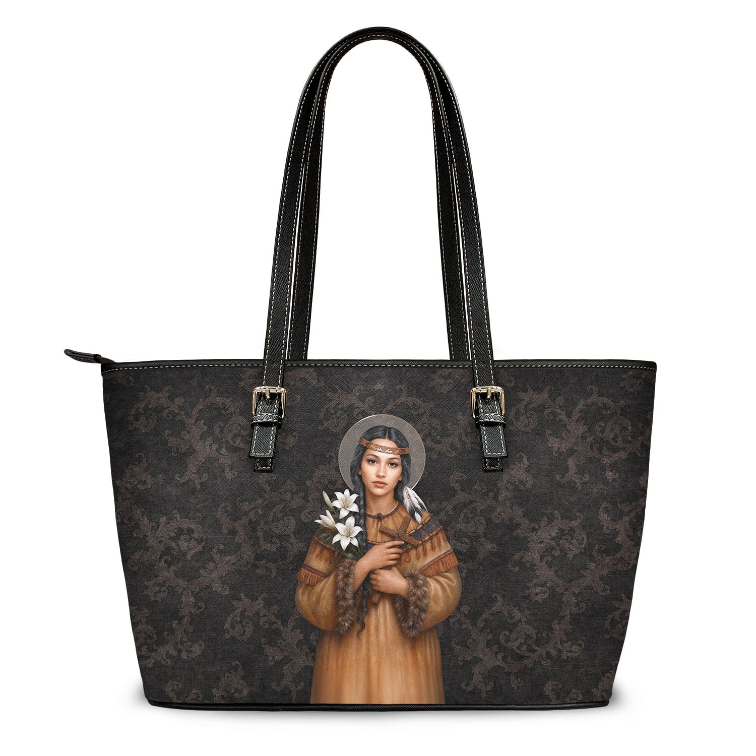 St. Kateri Tote Bag (Damask Umber) Copyright VENXARA