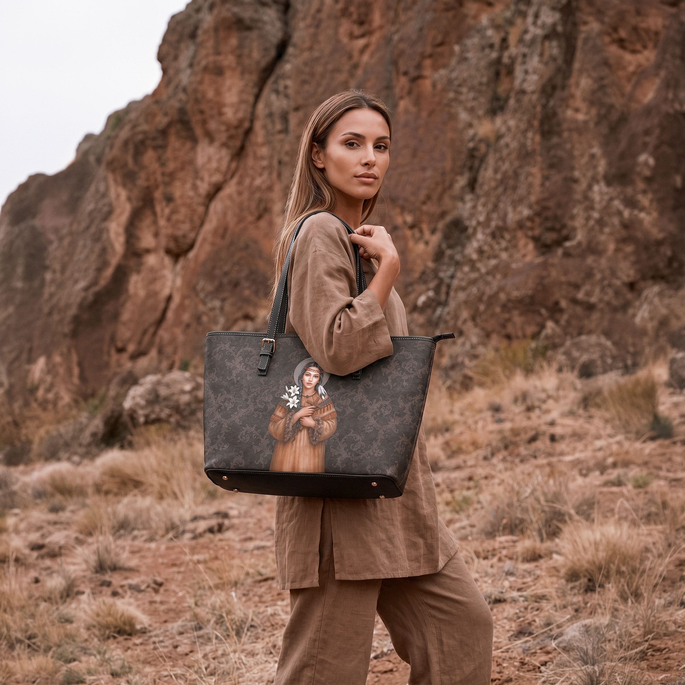 St. Kateri Tote Bag (Damask Umber) Copyright VENXARA