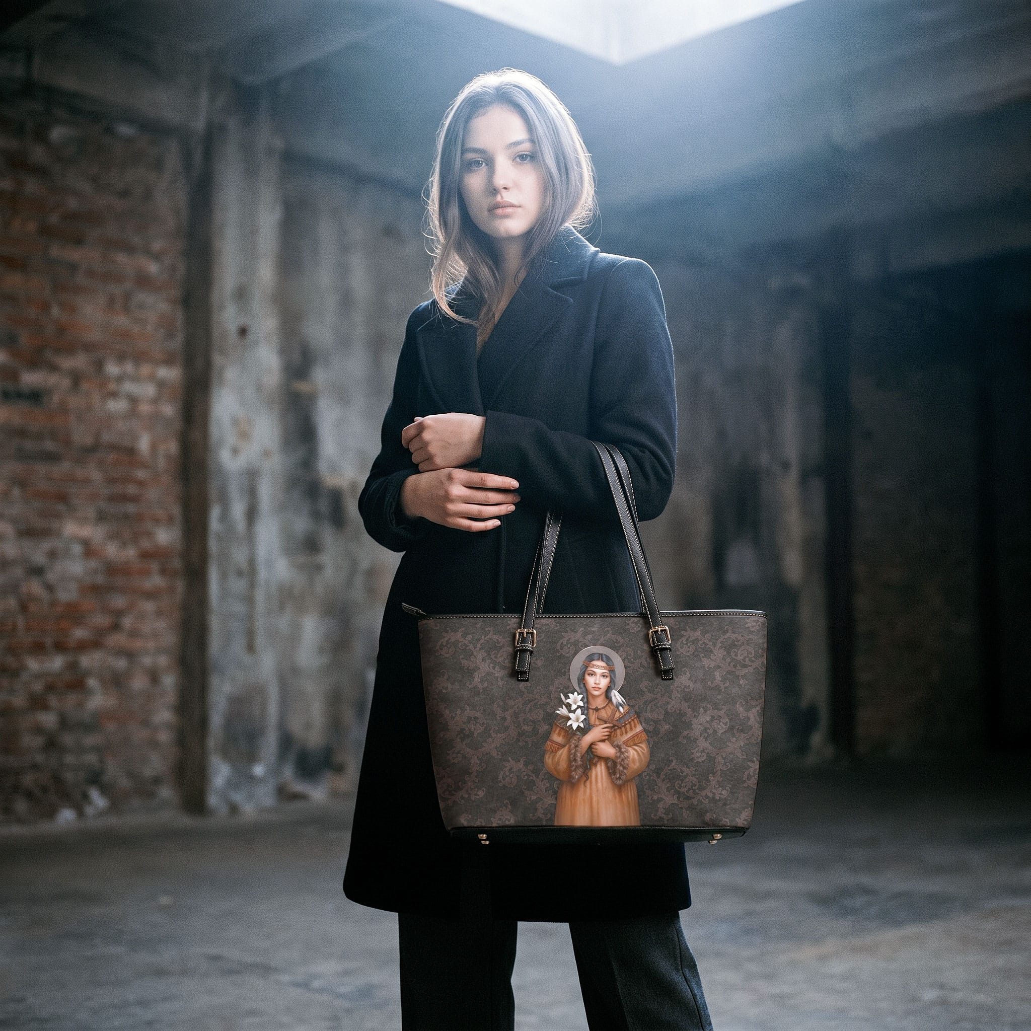 St. Kateri Tote Bag (Damask Umber) Copyright VENXARA