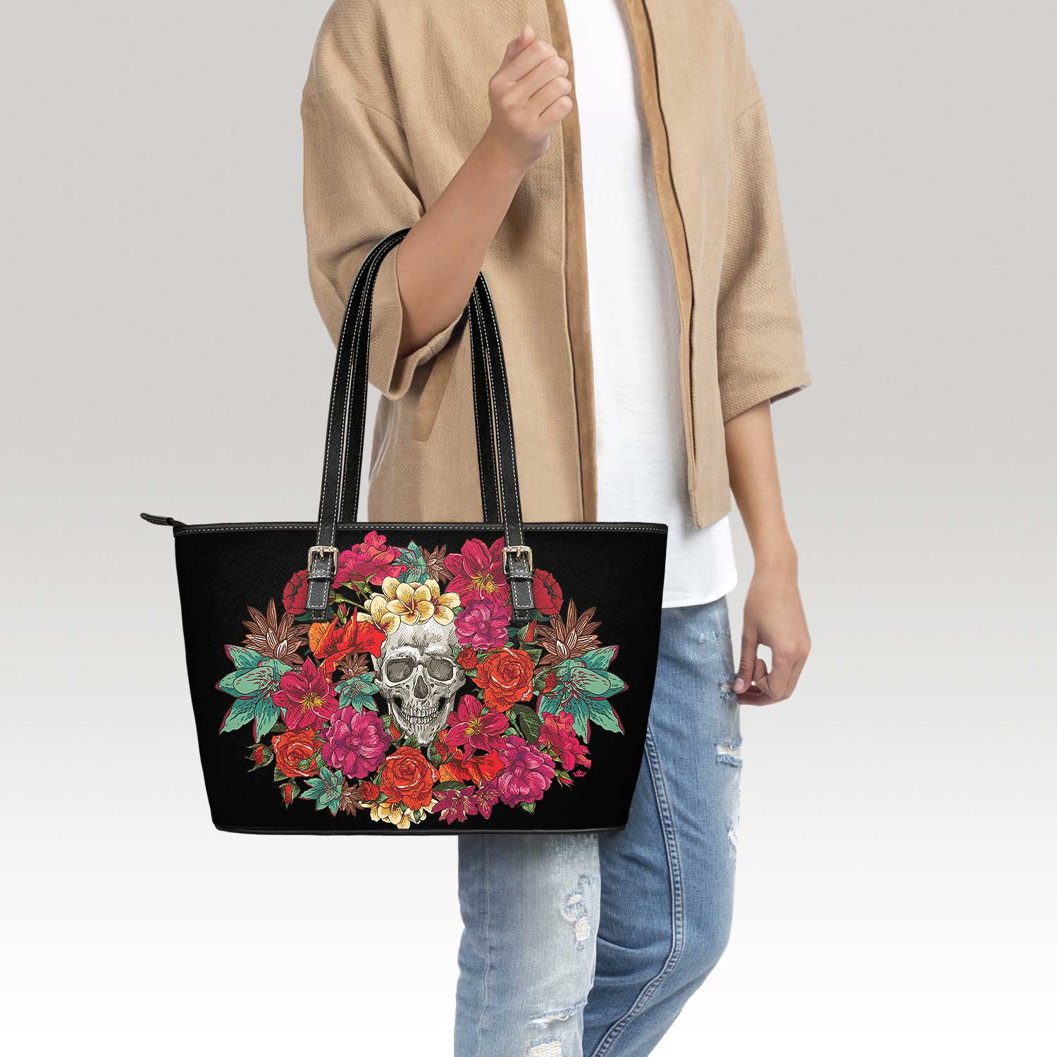 Memento Mori Floral Tote Bag (Black) - VENXARA®