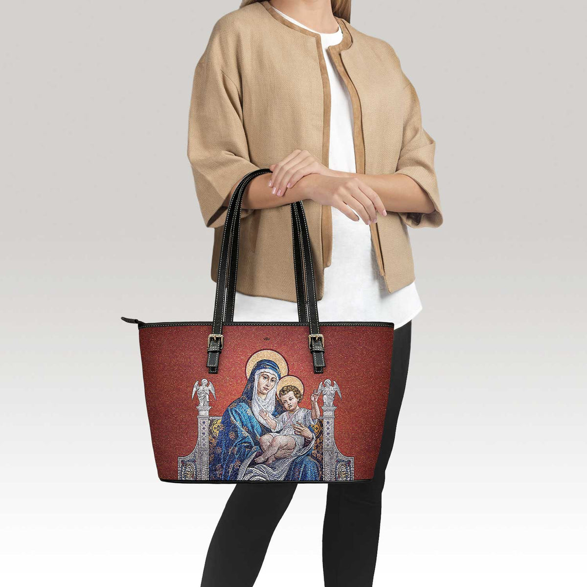 Mosaic Madonna and Child Tote Bag (Royal Red) Copyright VENXARA