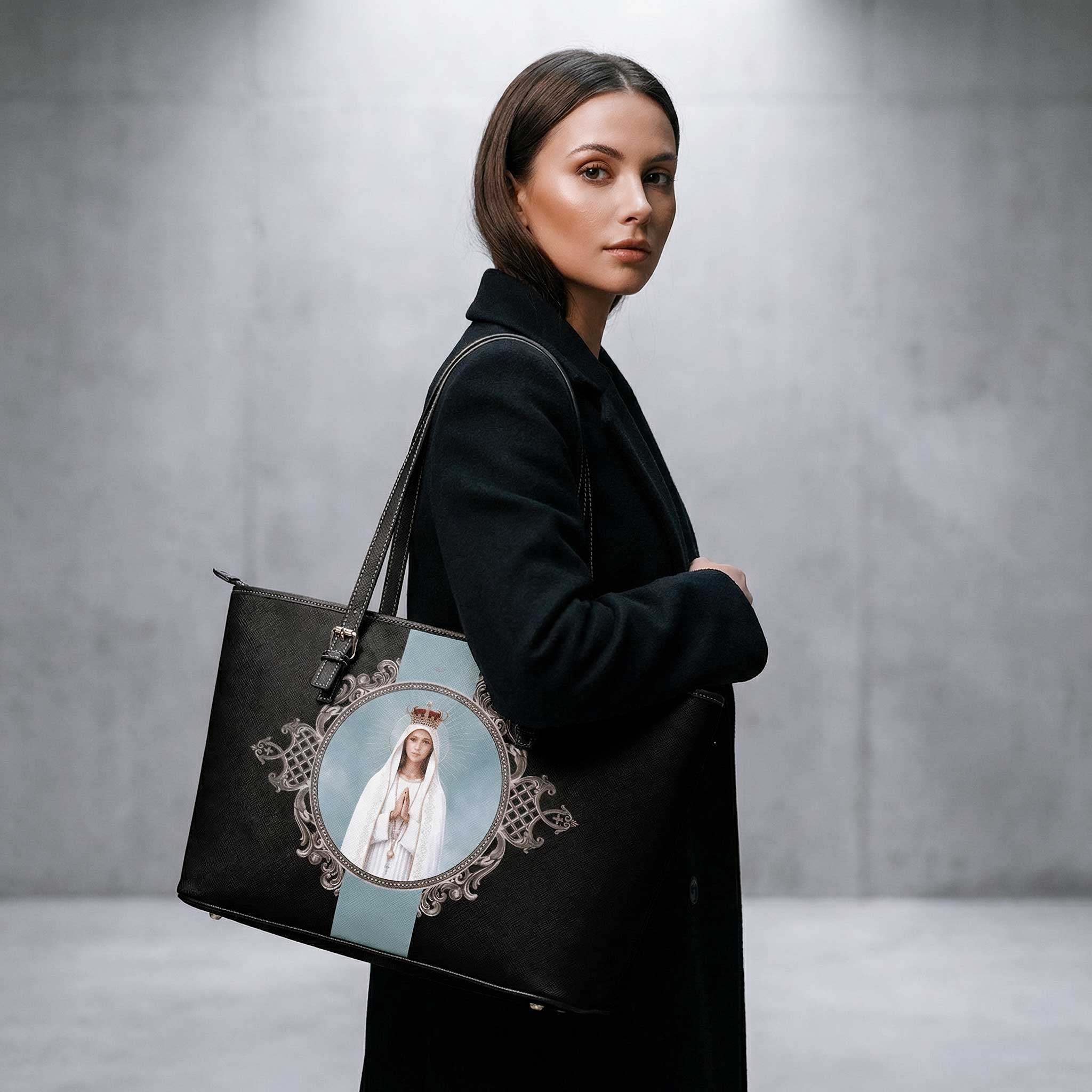 Our Lady of Fatima Medallion Tote Bag (Black) - Venxara