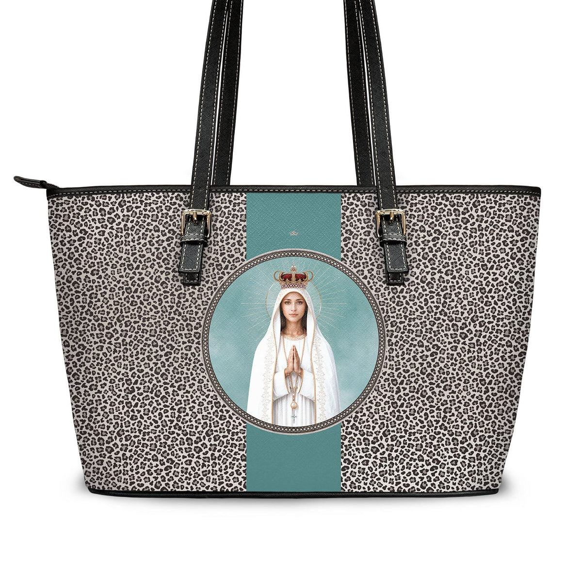 Our Lady of Fatima Medallion Tote Bag (Leopard) Copyright VENXARA