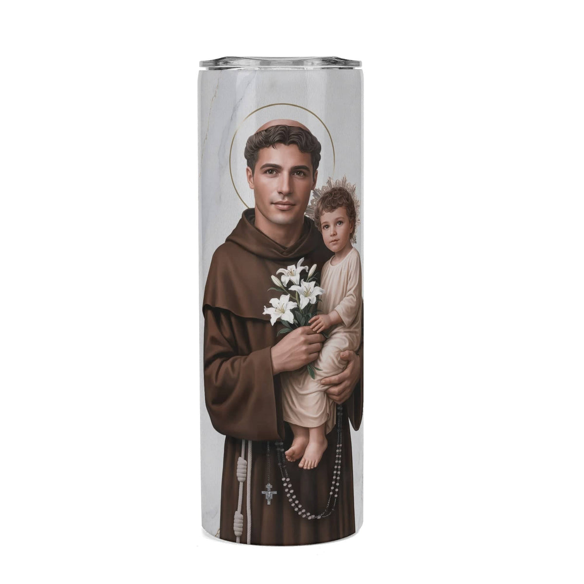 St. Anthony of Padua Lord's Prayer Skinny Tumbler (Blanc Marble 20 oz) Copyright VENXARA