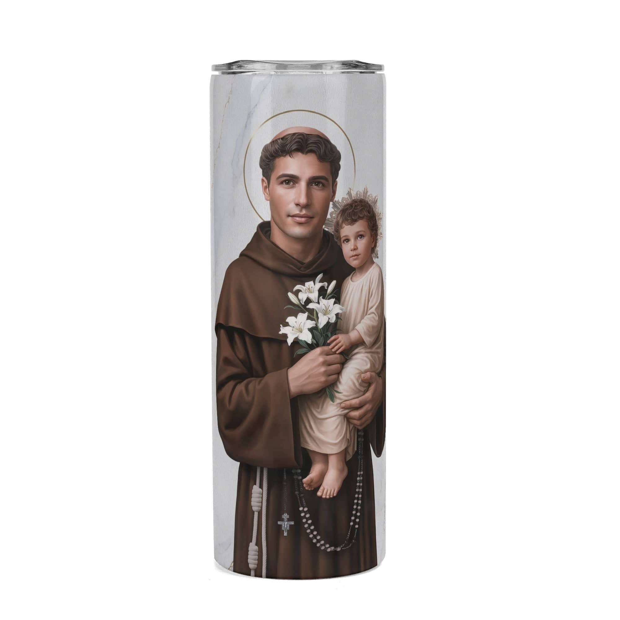 St. Anthony of Padua Lord's Prayer Skinny Tumbler (Blanc Marble 20 oz) Copyright VENXARA