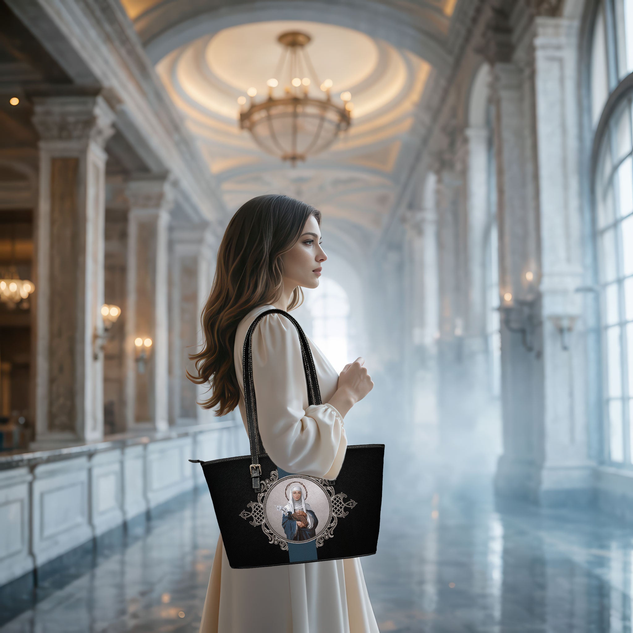 St. Catherine of Siena Medallion Tote Bag (Black) - Venxara
