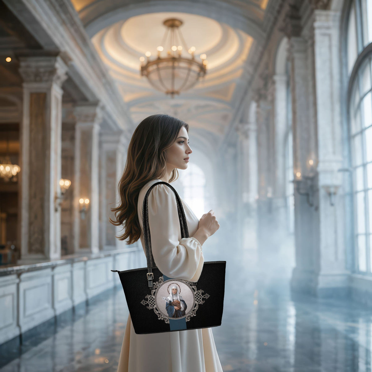 St. Catherine of Siena Medallion Tote Bag (Black) Copyright VENXARA