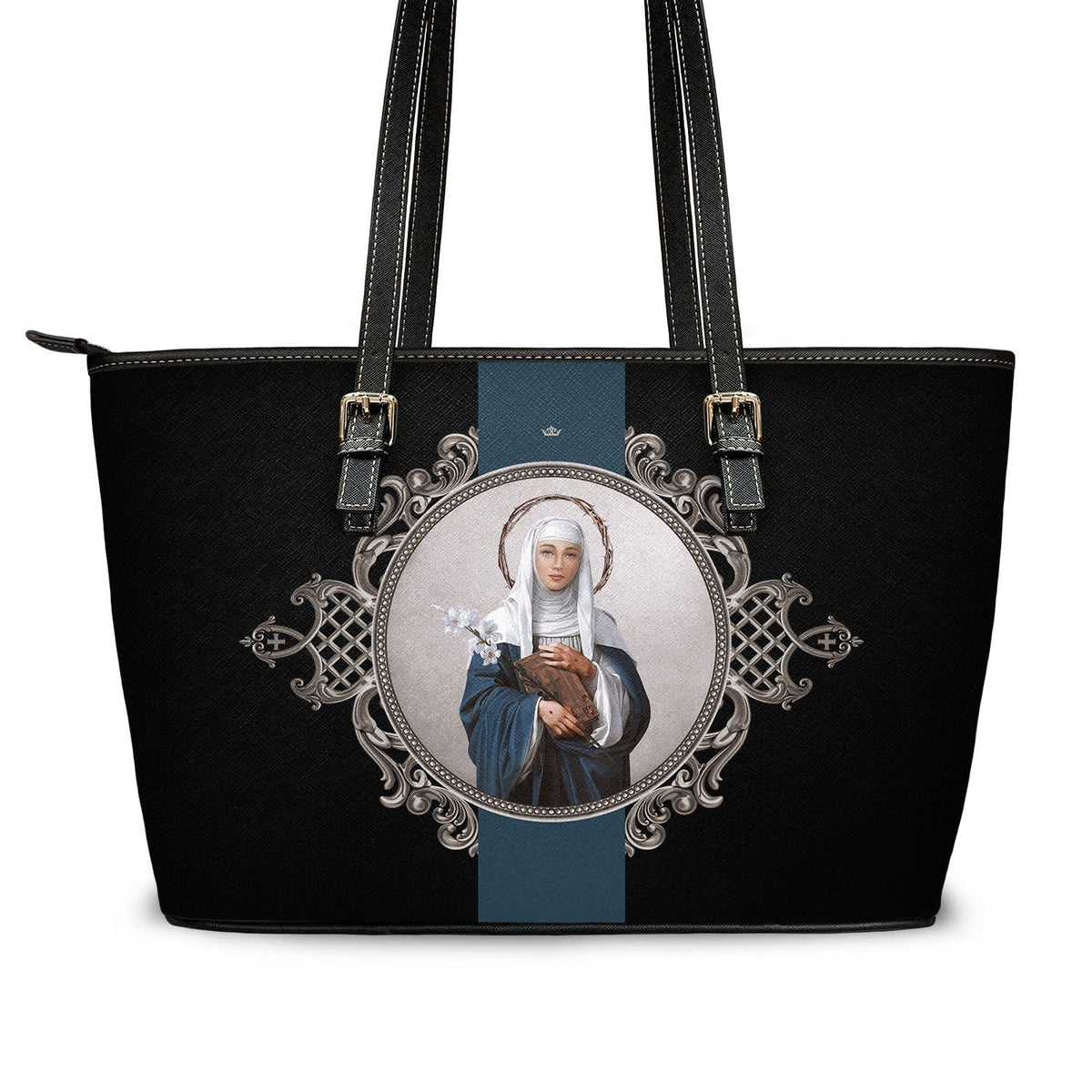 St. Catherine of Siena Medallion Tote Bag (Black) Copyright VENXARA