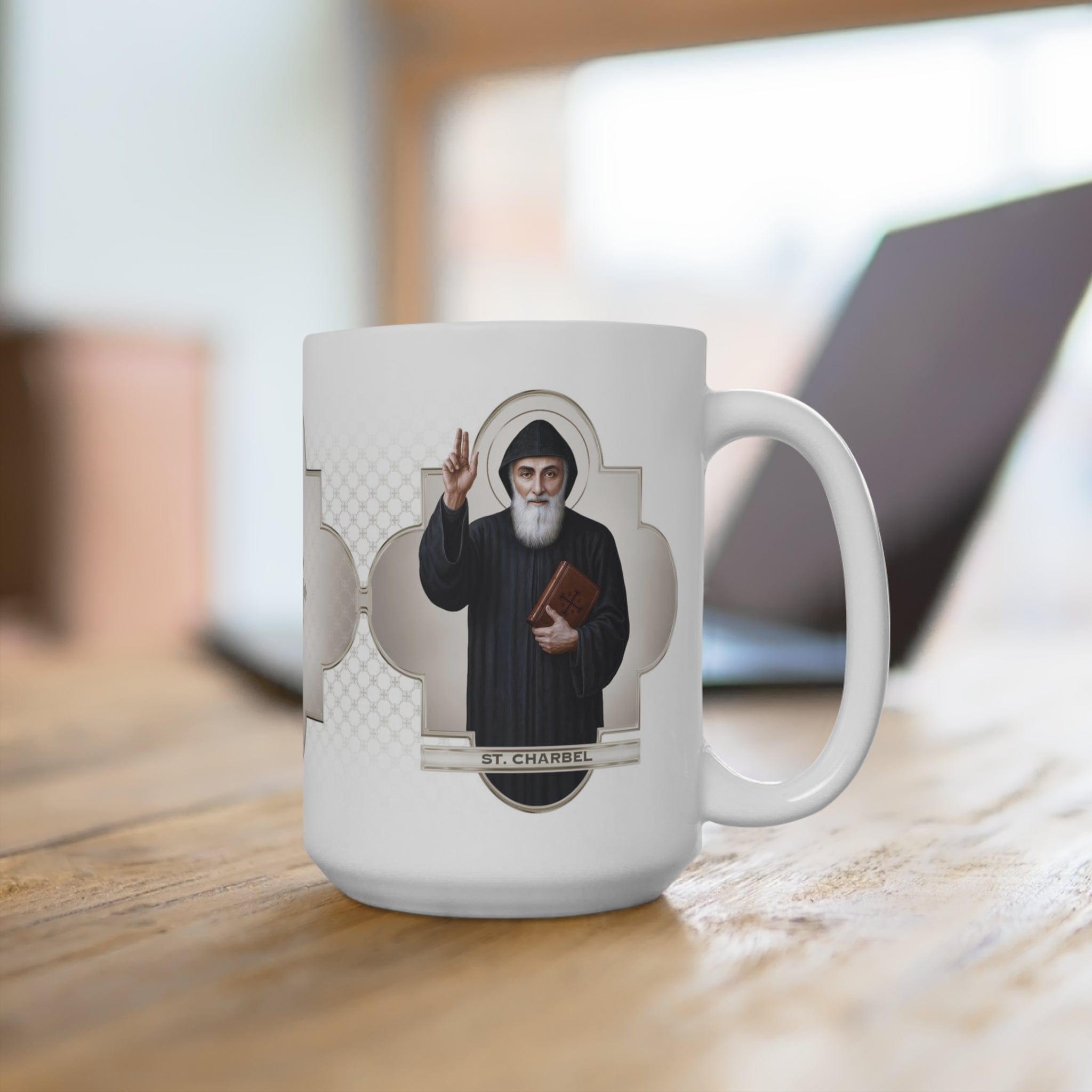 St. Charbel Ceramic Mug (White 15 oz) Copyright VENXARA