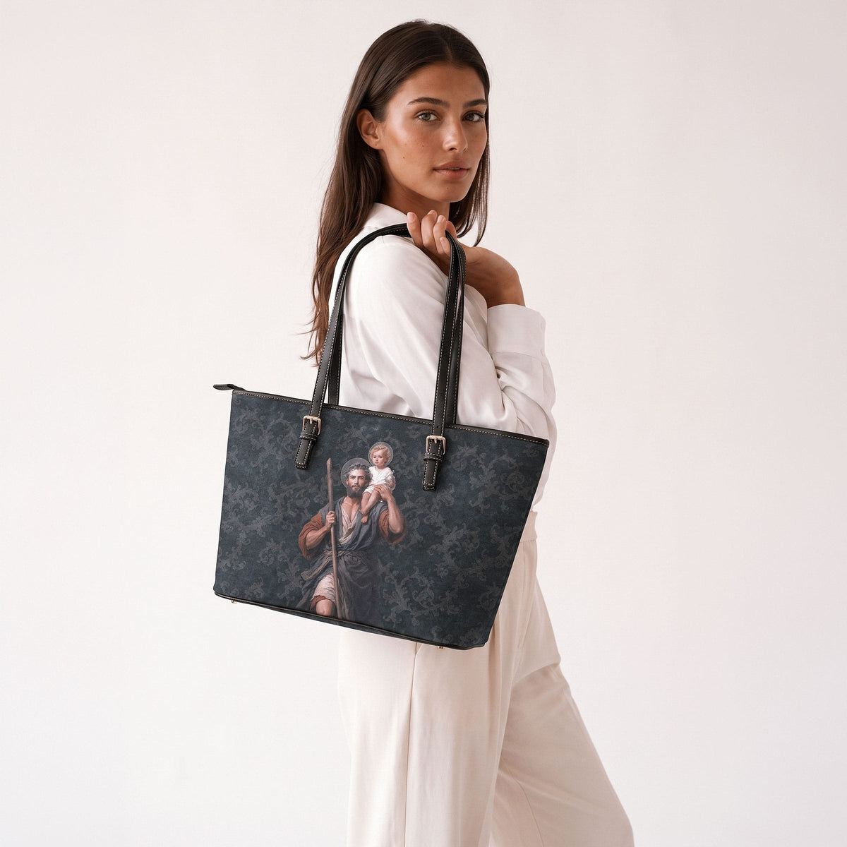 St. Christopher Tote Bag (Damask Dark Blue) Copyright VENXARA