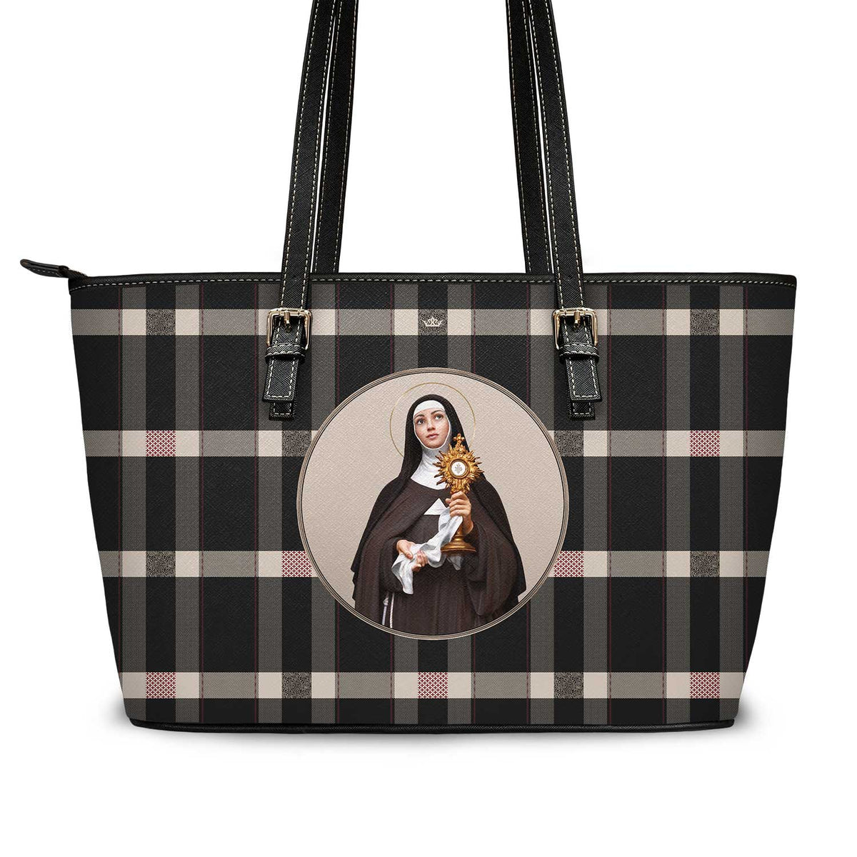 St. Clare of Assisi Tote Bag (Plaid) Copyright VENXARA