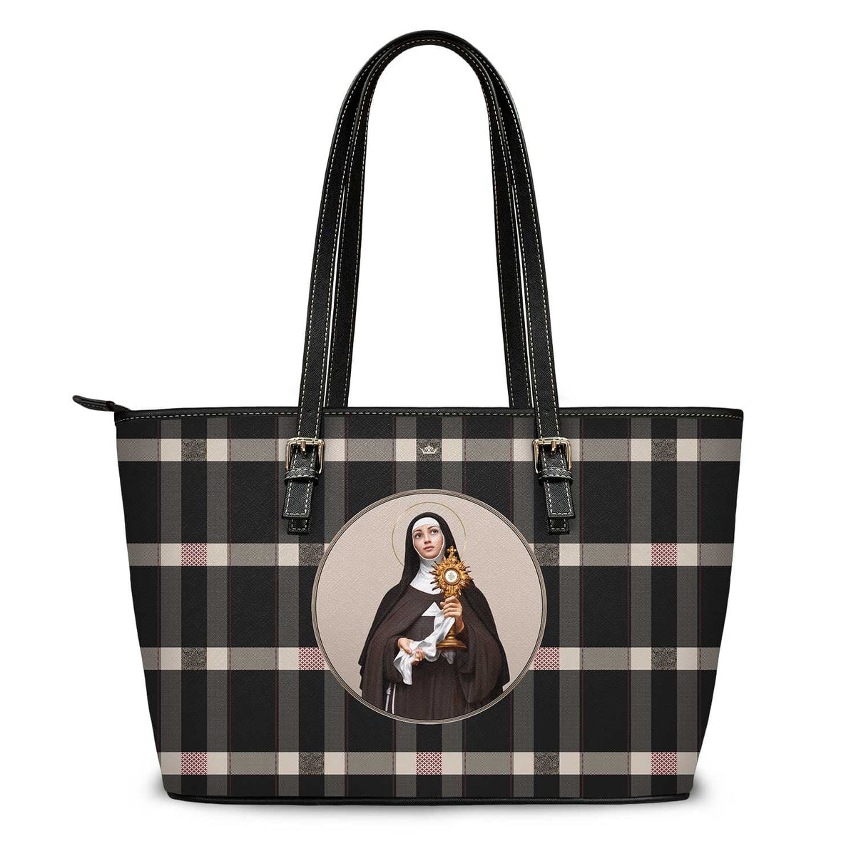 St. Clare of Assisi Tote Bag (Plaid) Copyright VENXARA