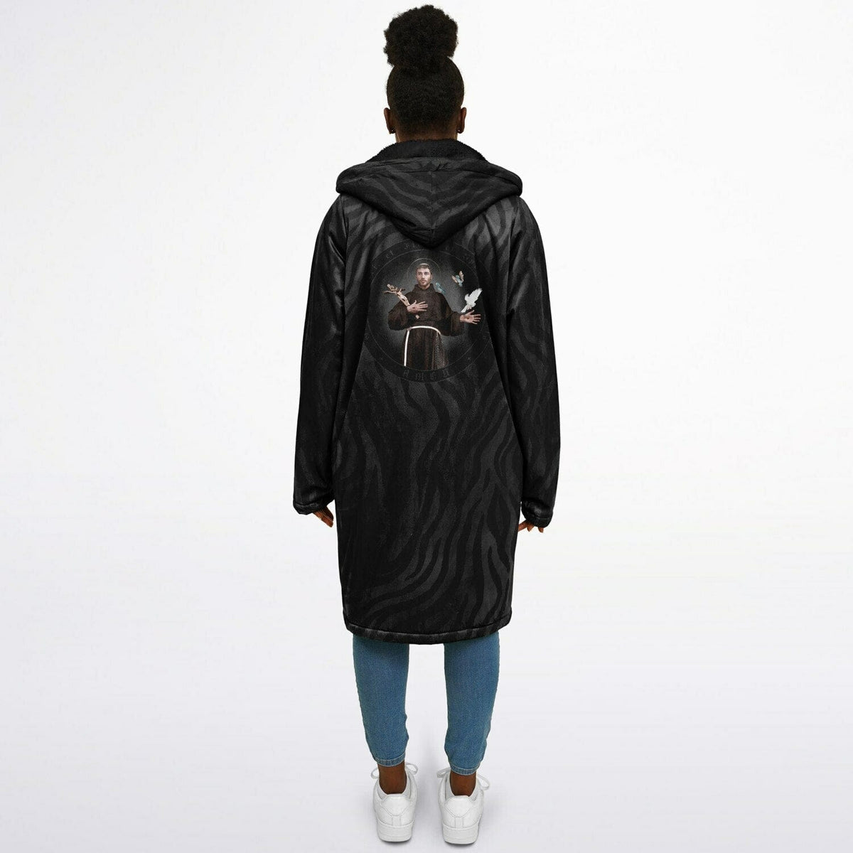 St. Francis of Assisi Zipper Microfleece Cloak (Black Platinum Stripe) Copyright VENXARA