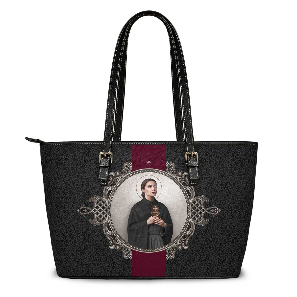 St. Gemma Galgani Medallion Tote Bag (Black Leopard) Copyright VENXARA