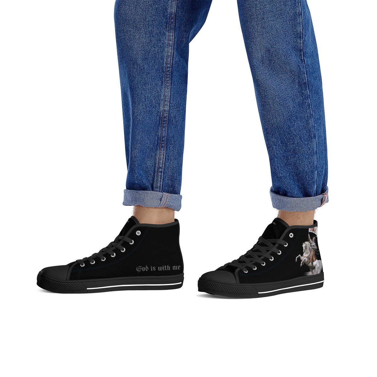 St. Joan of Arc in Battle Comfort Canvas High Top Shoes (Black/Black) - VENXARA®