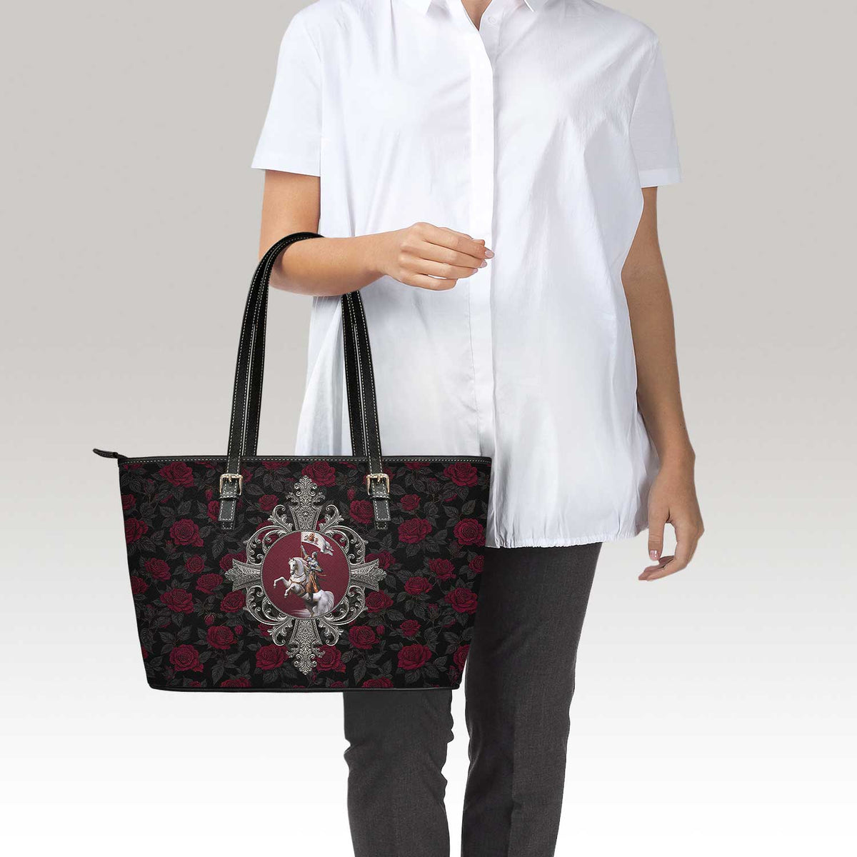 St. Joan of Arc in Battle Tote Bag (Roses) Copyright VENXARA