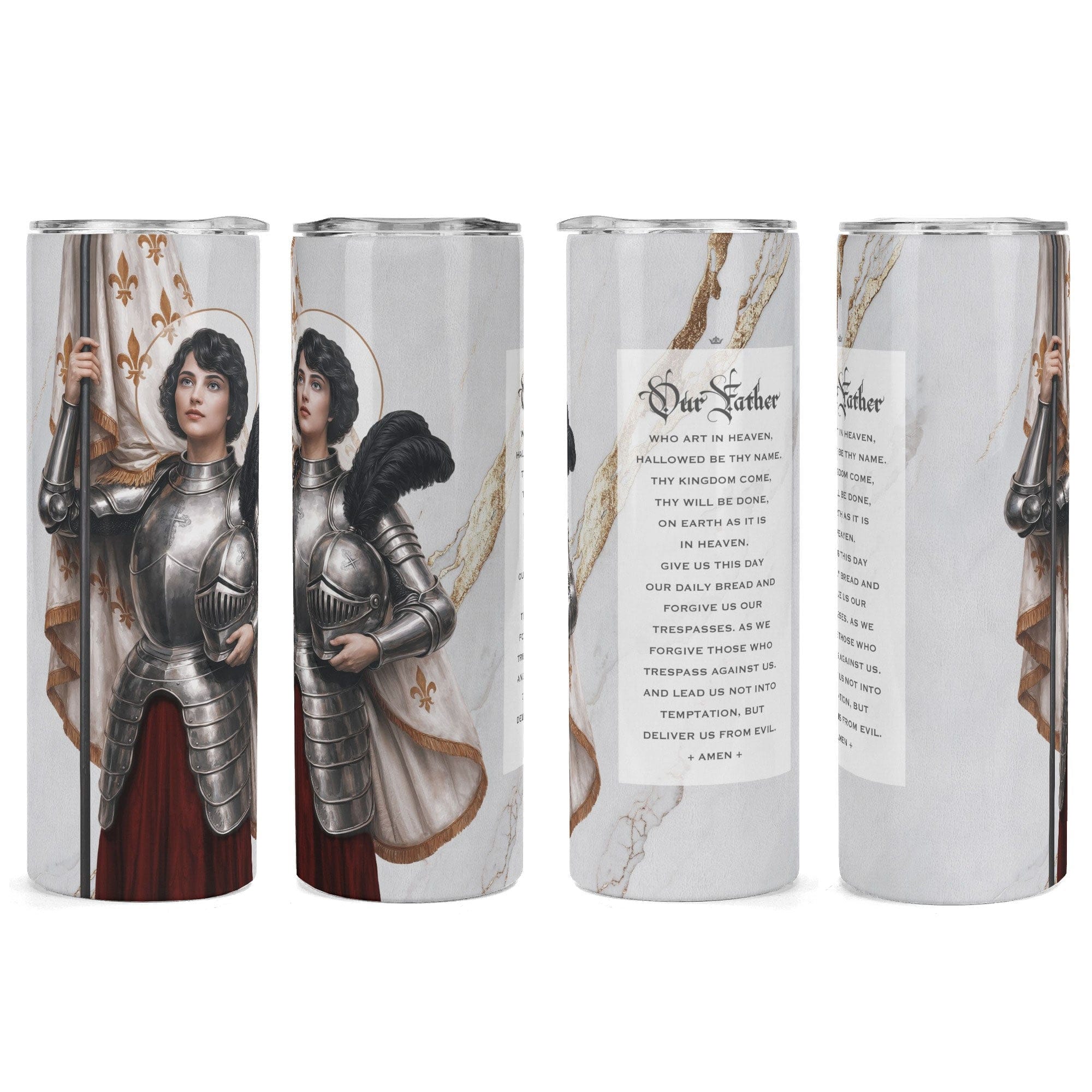 St. Joan of Arc Lord's Prayer Skinny Tumbler (Blanc Marble 20 oz) Copyright VENXARA