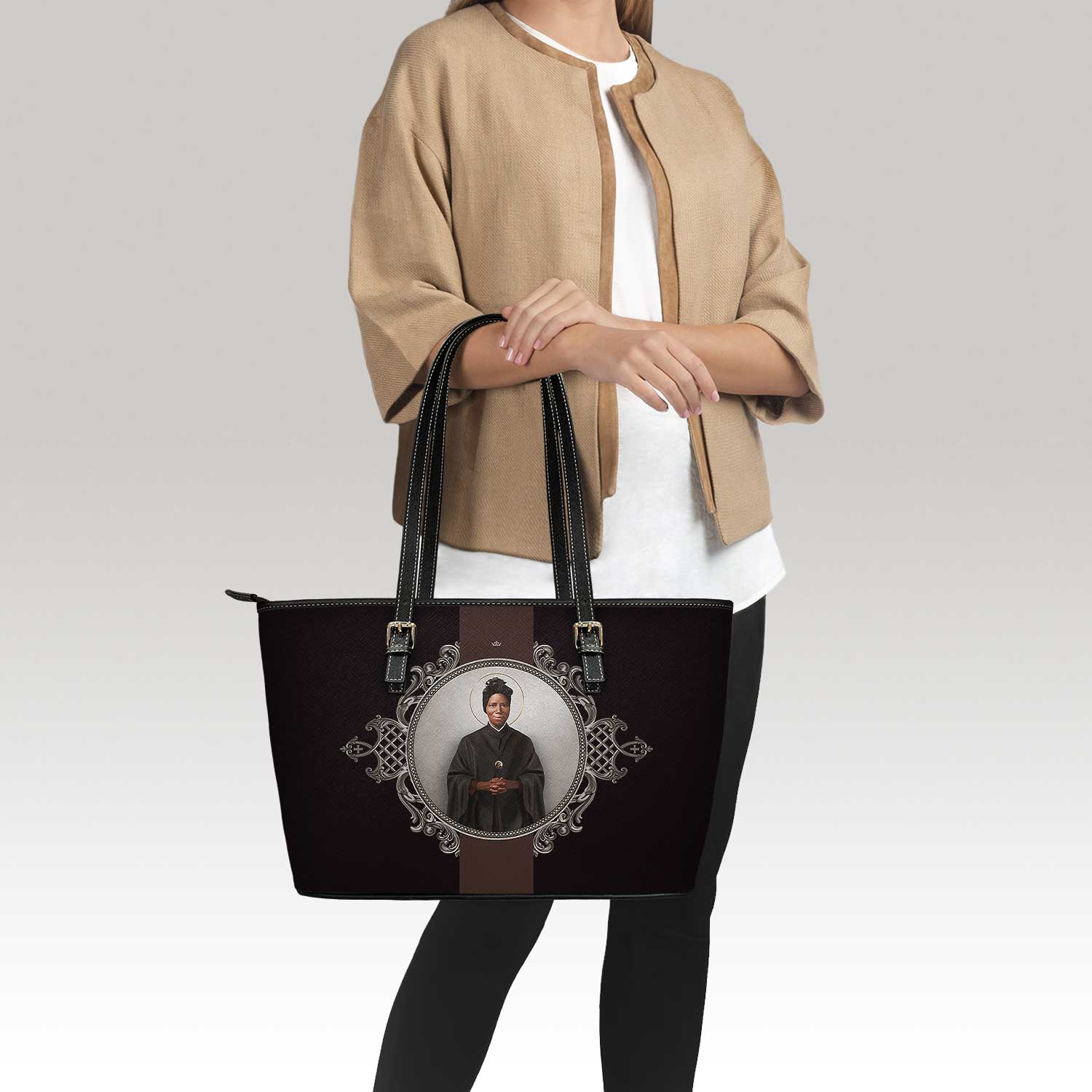 St. Josephine Bakhita Medallion Tote Bag (Black) Copyright VENXARA