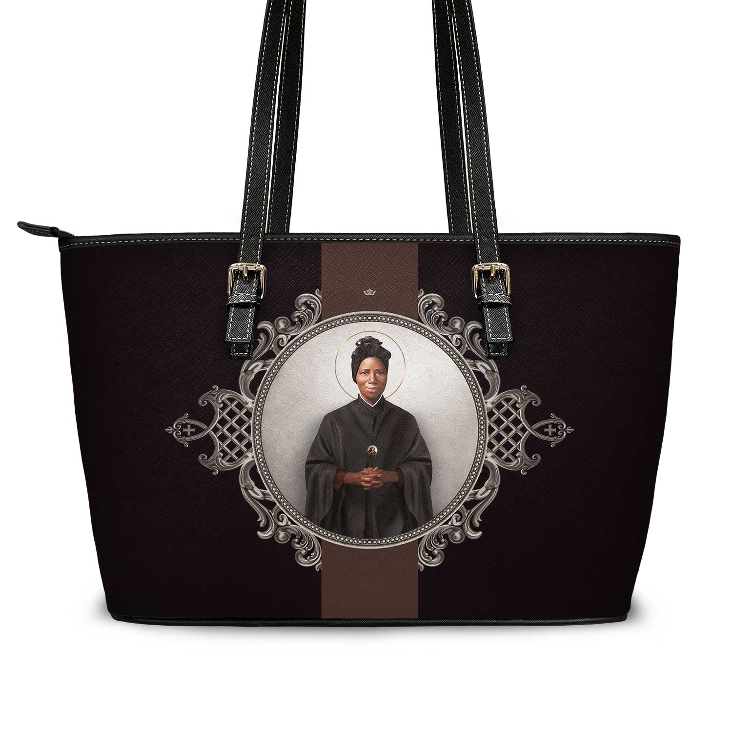 St. Josephine Bakhita Medallion Tote Bag (Black) Copyright VENXARA