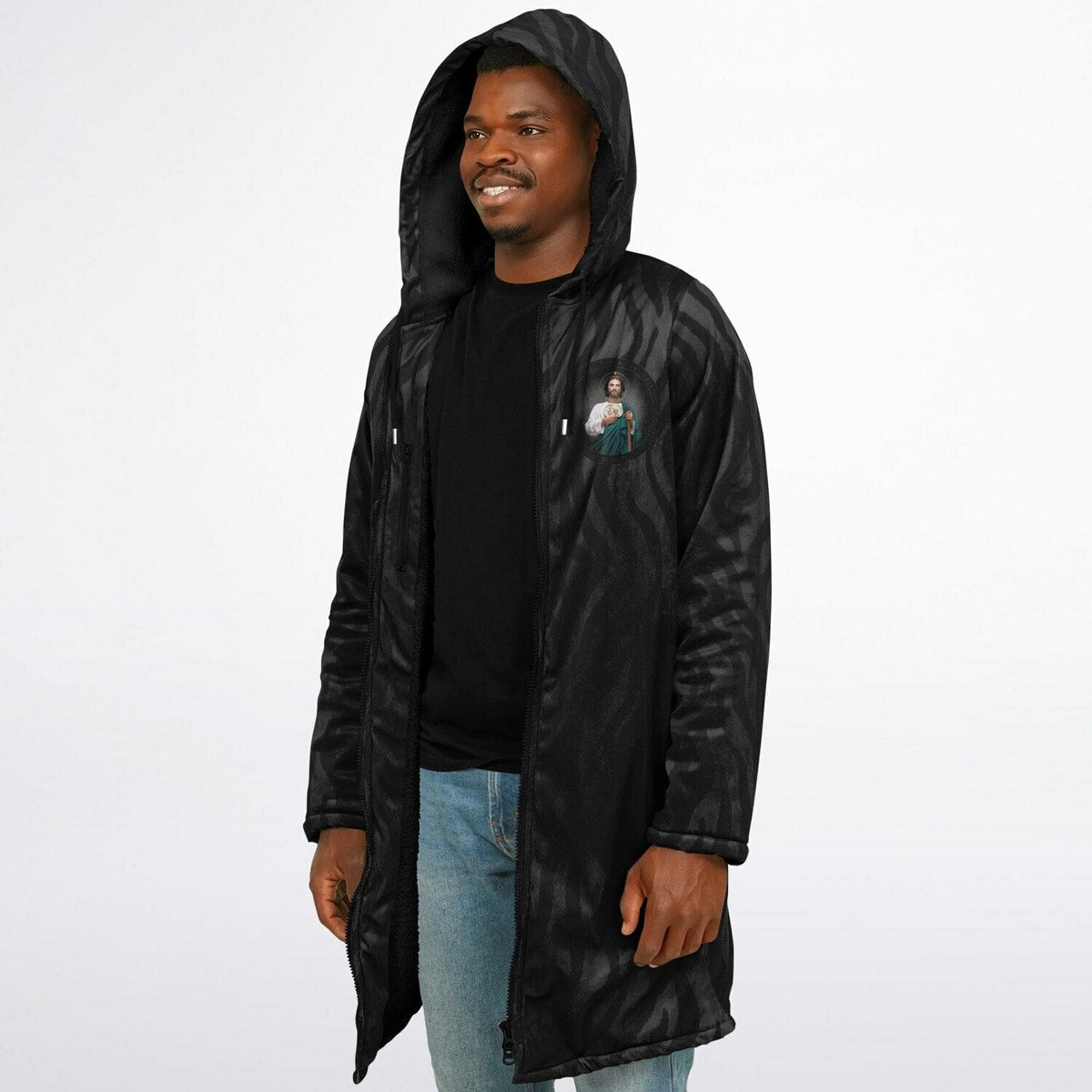 St. Jude Zipper Microfleece Cloak (Black Platinum Stripe) Copyright VENXARA