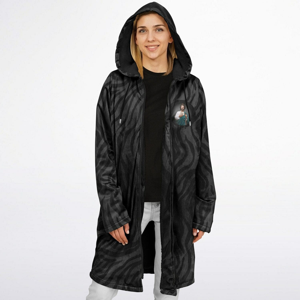 St. Jude Zipper Microfleece Cloak (Black Platinum Stripe) Copyright VENXARA