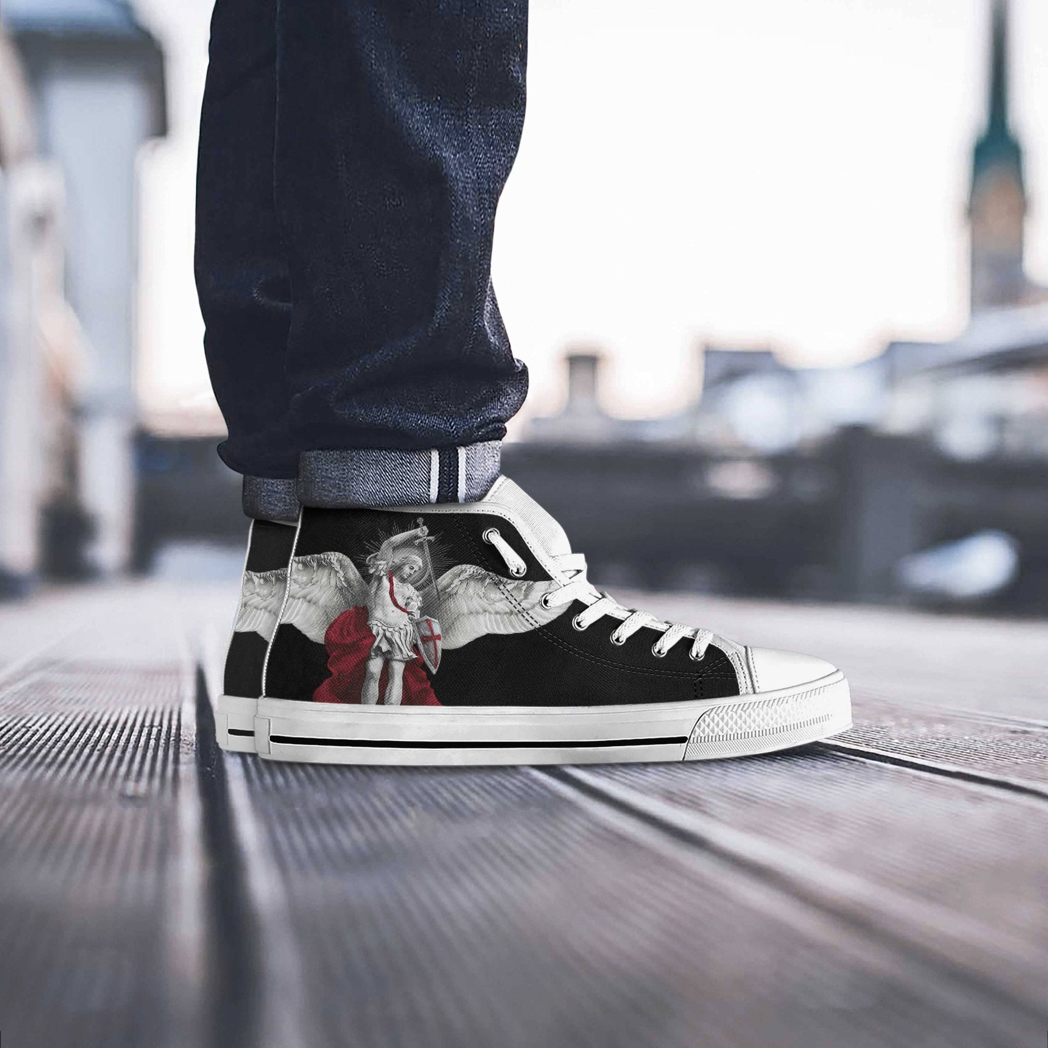 St. Michael the Archangel Canvas High Top Shoes (Black/White) - VENXARA®