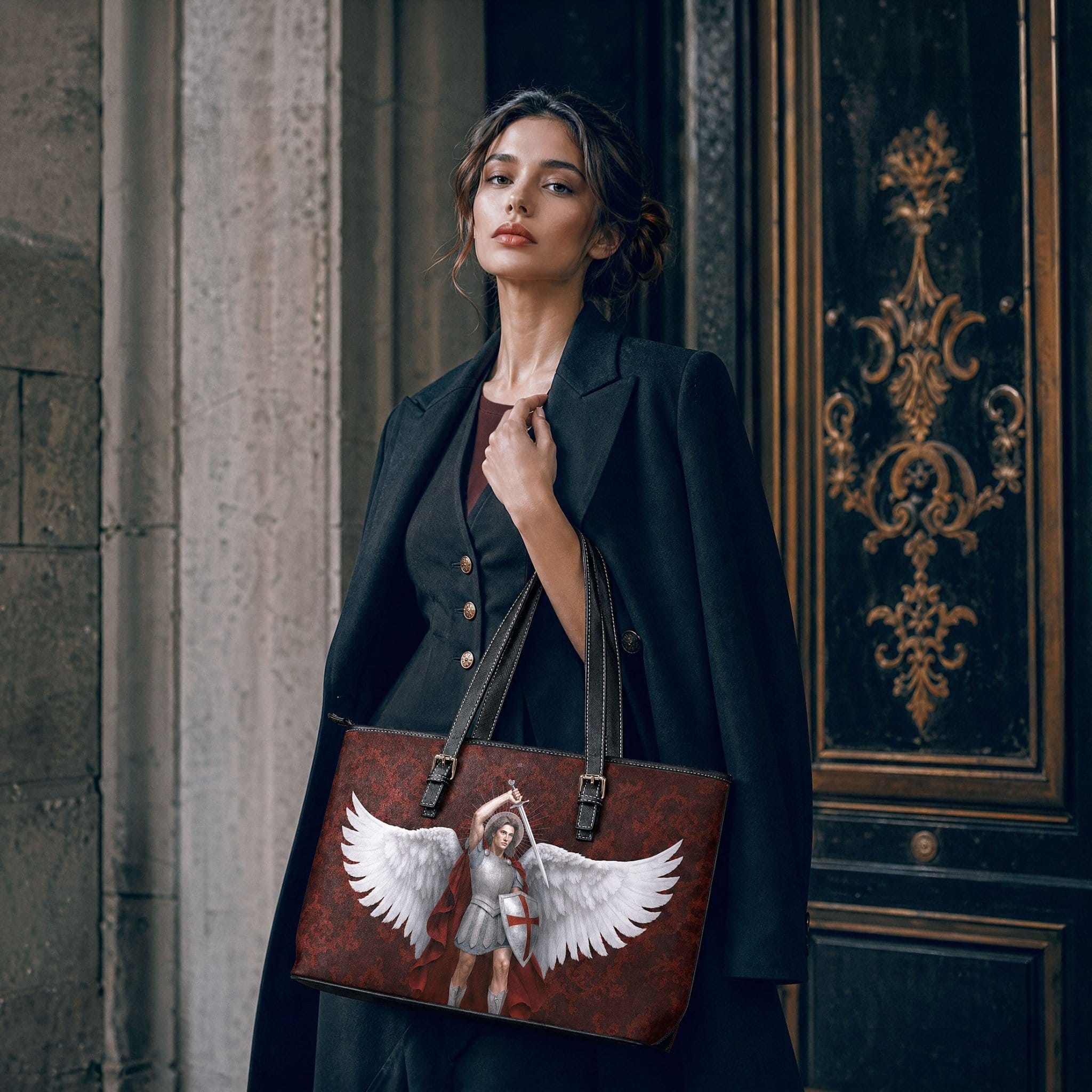 St. Michael the Archangel Tote Bag (Damask Garnet) Copyright VENXARA