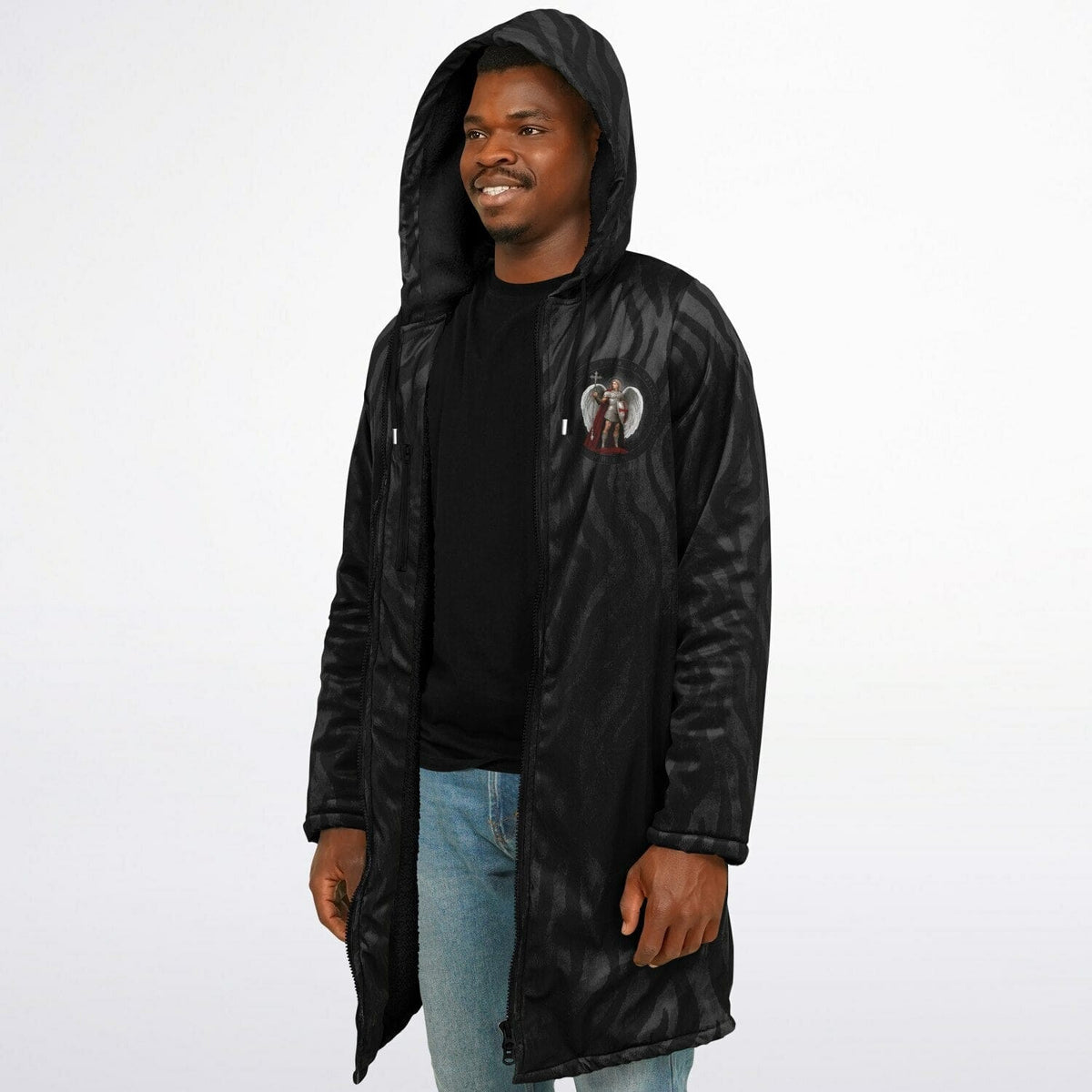 St. Michael the Archangel Victorious Zipper Microfleece Cloak (Black Platinum Stripe) Copyright VENXARA