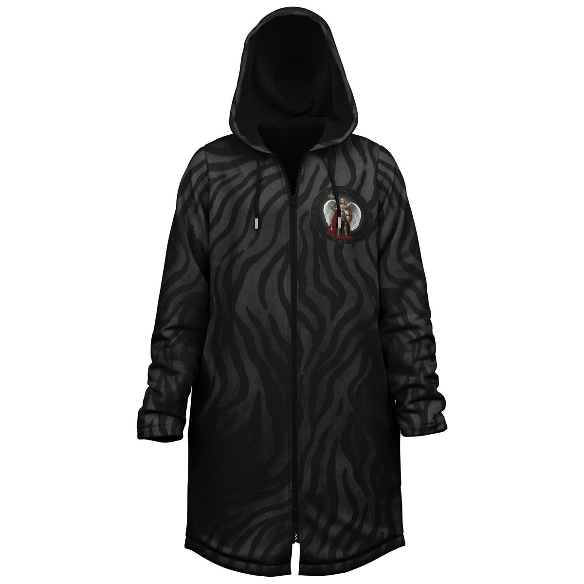 St. Michael the Archangel Victorious Zipper Microfleece Cloak (Black Platinum Stripe) Copyright VENXARA