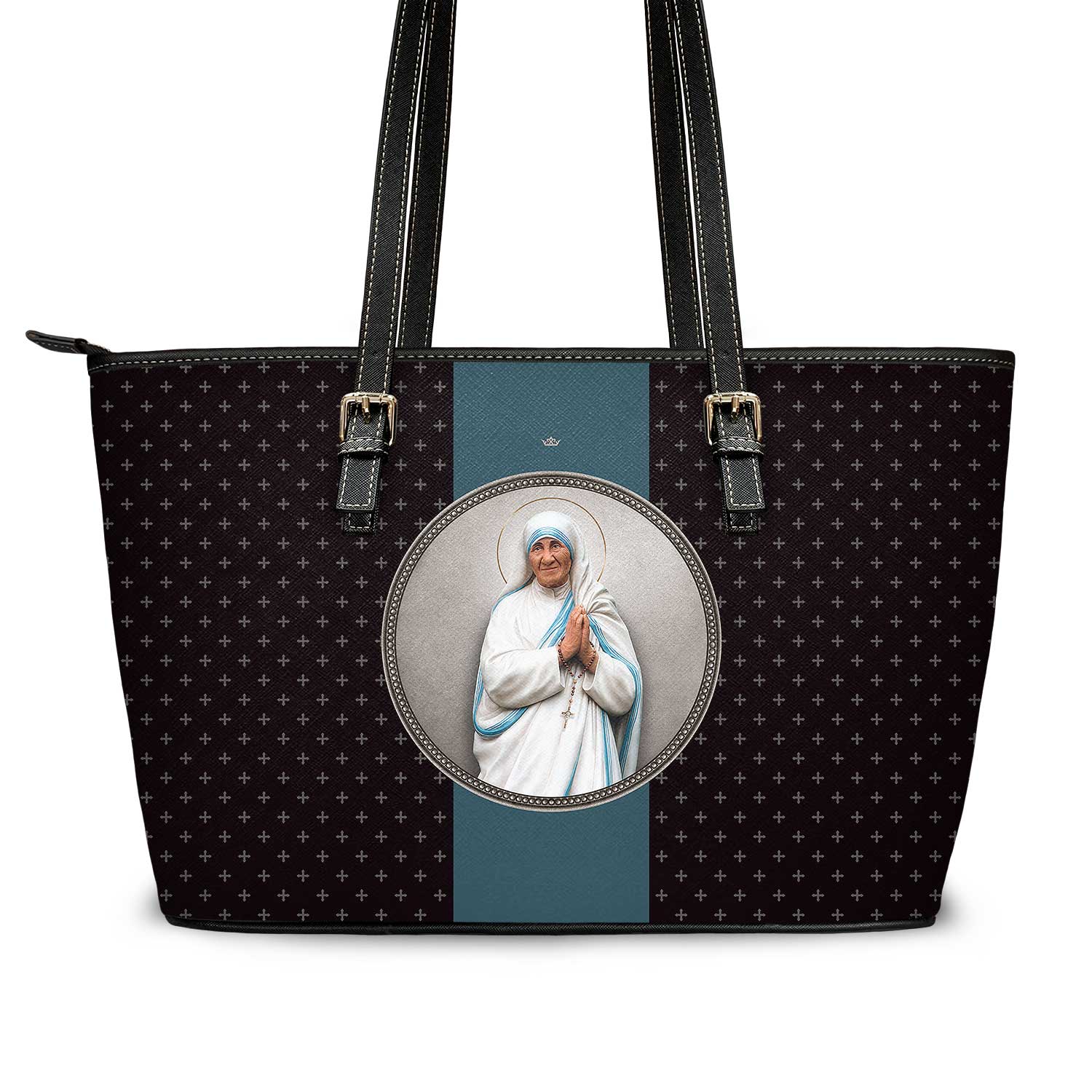 St. Mother Teresa Medallion Crosses Tote Bag (Black) - VENXARA®