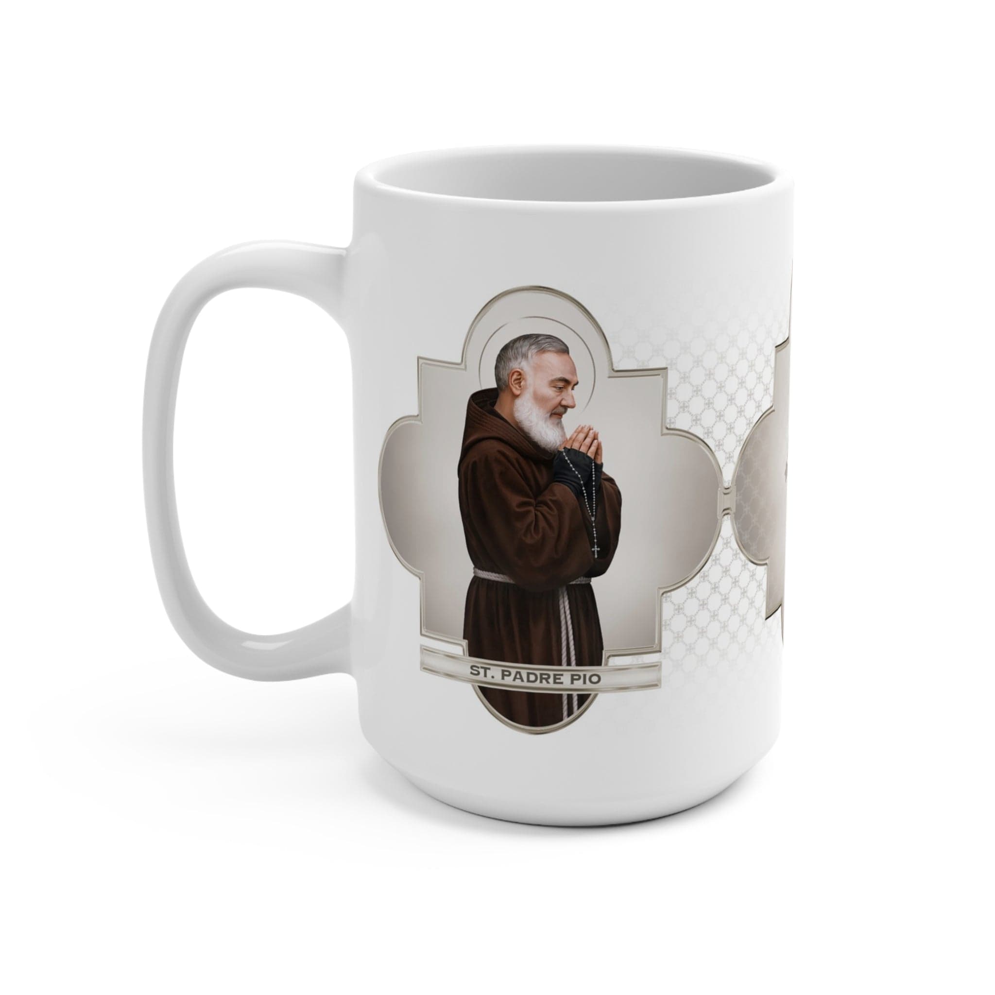 St. Padre Pio Ceramic Mug (White 15 oz) Copyright VENXARA