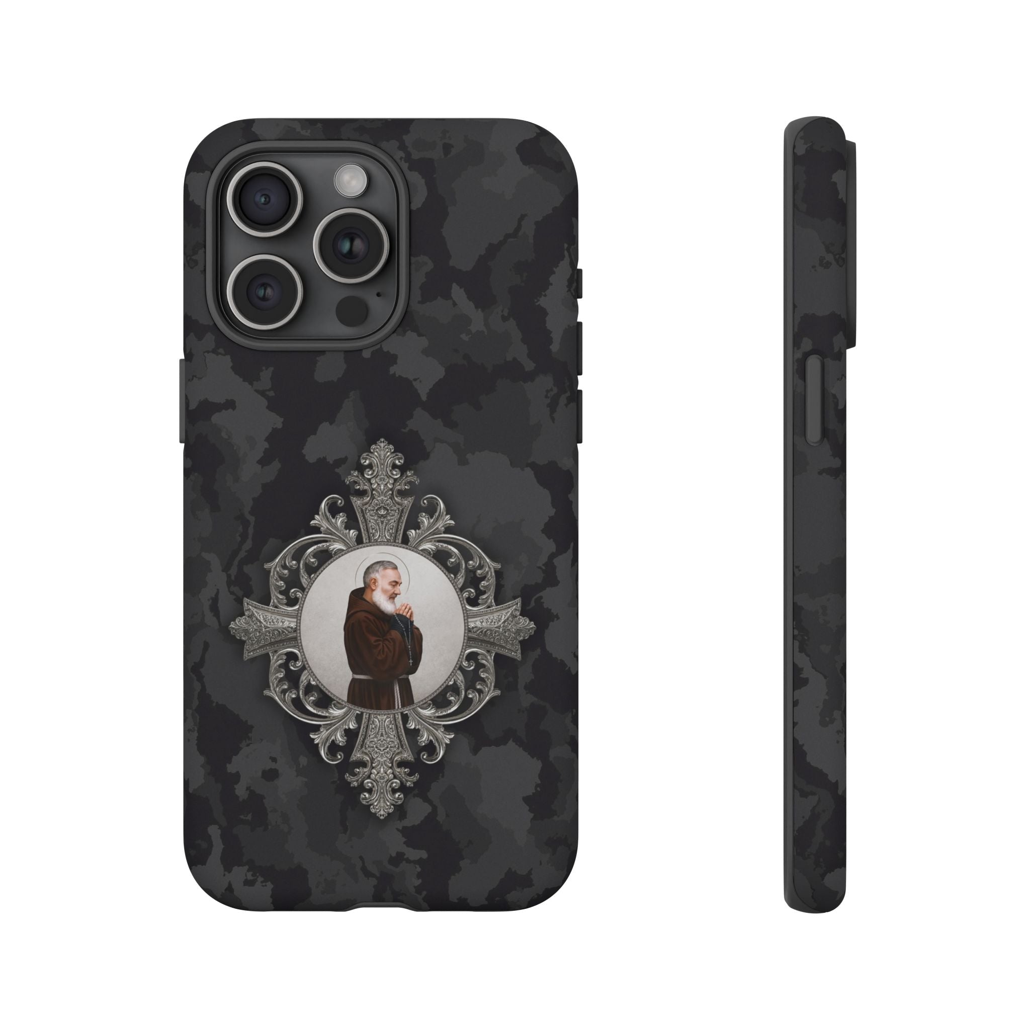 St. Padre Pio Hard Phone Case (Black Camo) - Venxara