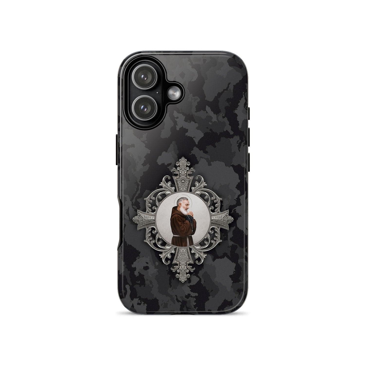 St. Padre Pio Hard Phone Case (Black Camo) Copyright VENXARA