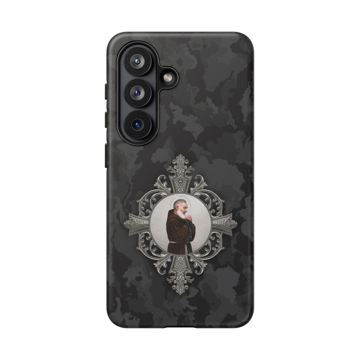 St. Padre Pio Hard Phone Case (Black Camo) Copyright VENXARA