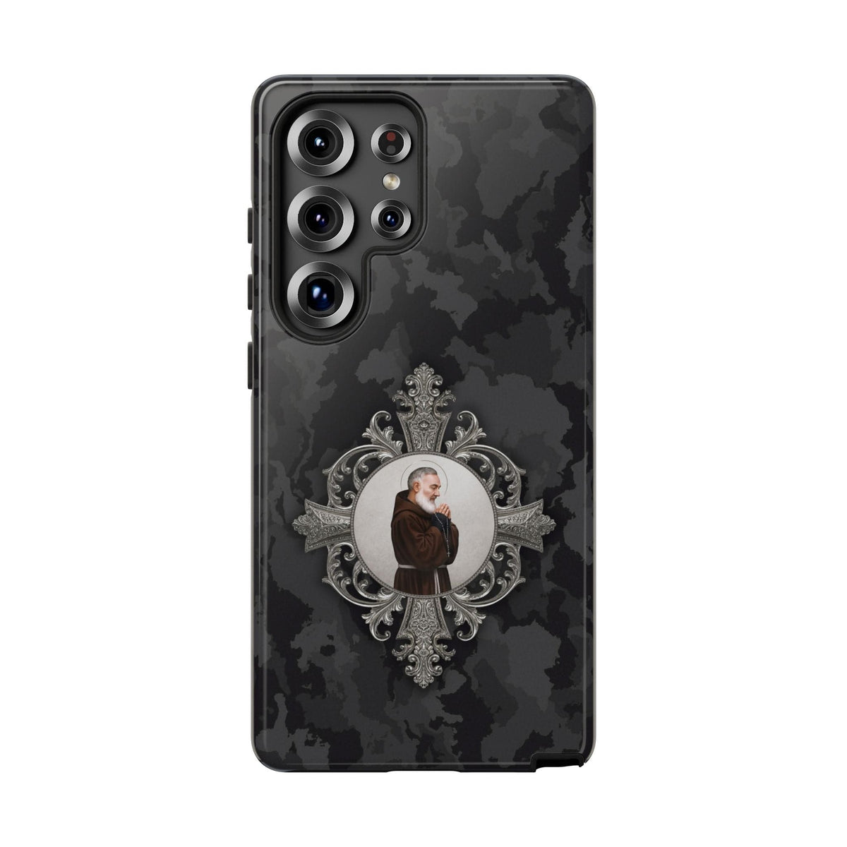 St. Padre Pio Hard Phone Case (Black Camo) Copyright VENXARA