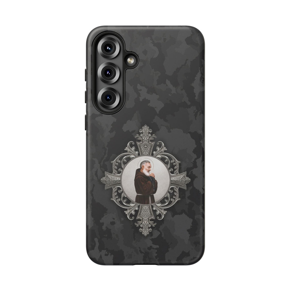 St. Padre Pio Hard Phone Case (Black Camo) Copyright VENXARA