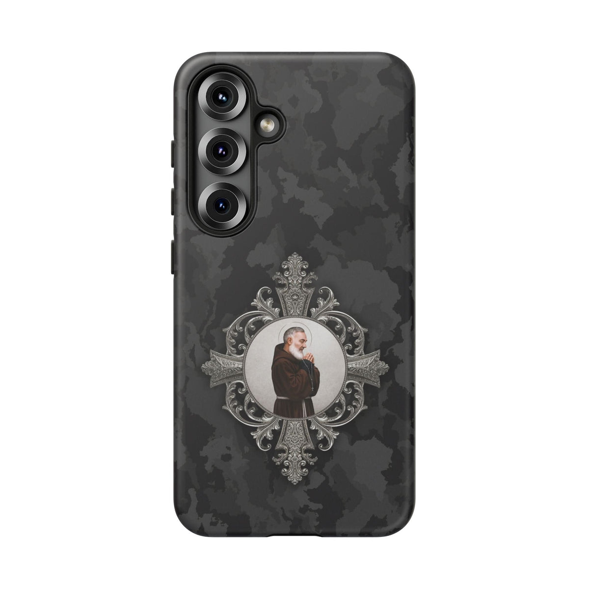 St. Padre Pio Hard Phone Case (Black Camo) Copyright VENXARA