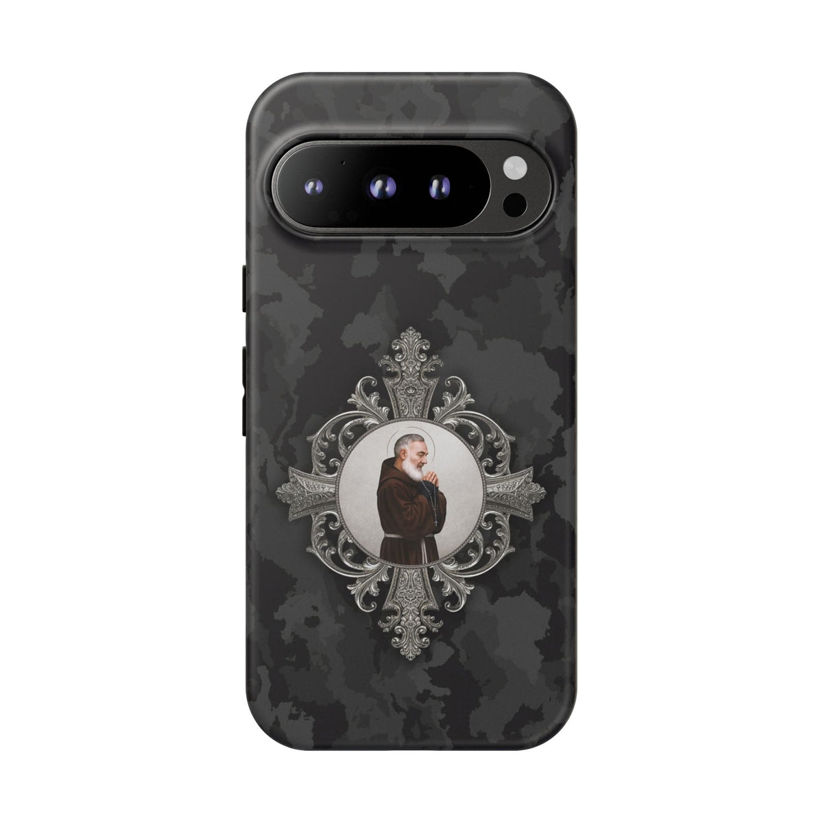 St. Padre Pio Hard Phone Case (Black Camo) Copyright VENXARA