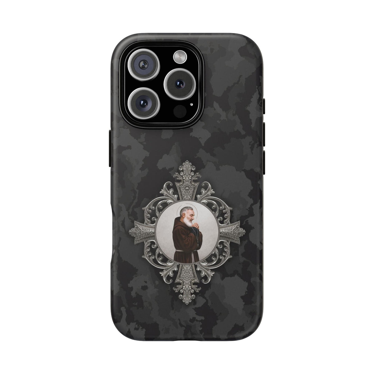 St. Padre Pio Hard Phone Case (Black Camo) Copyright VENXARA