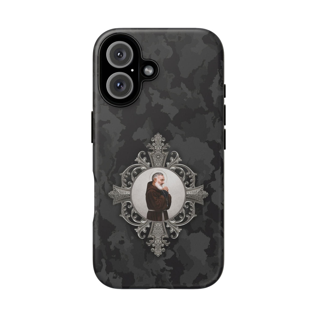 St. Padre Pio Hard Phone Case (Black Camo) Copyright VENXARA