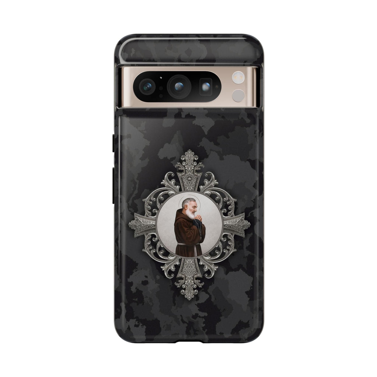 St. Padre Pio Hard Phone Case (Black Camo) Copyright VENXARA