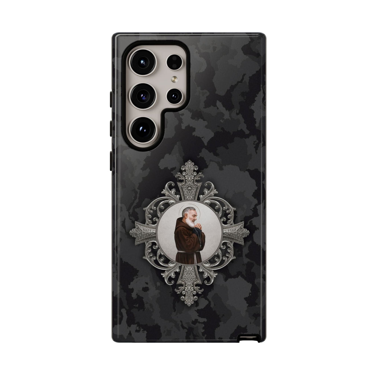 St. Padre Pio Hard Phone Case (Black Camo) Copyright VENXARA
