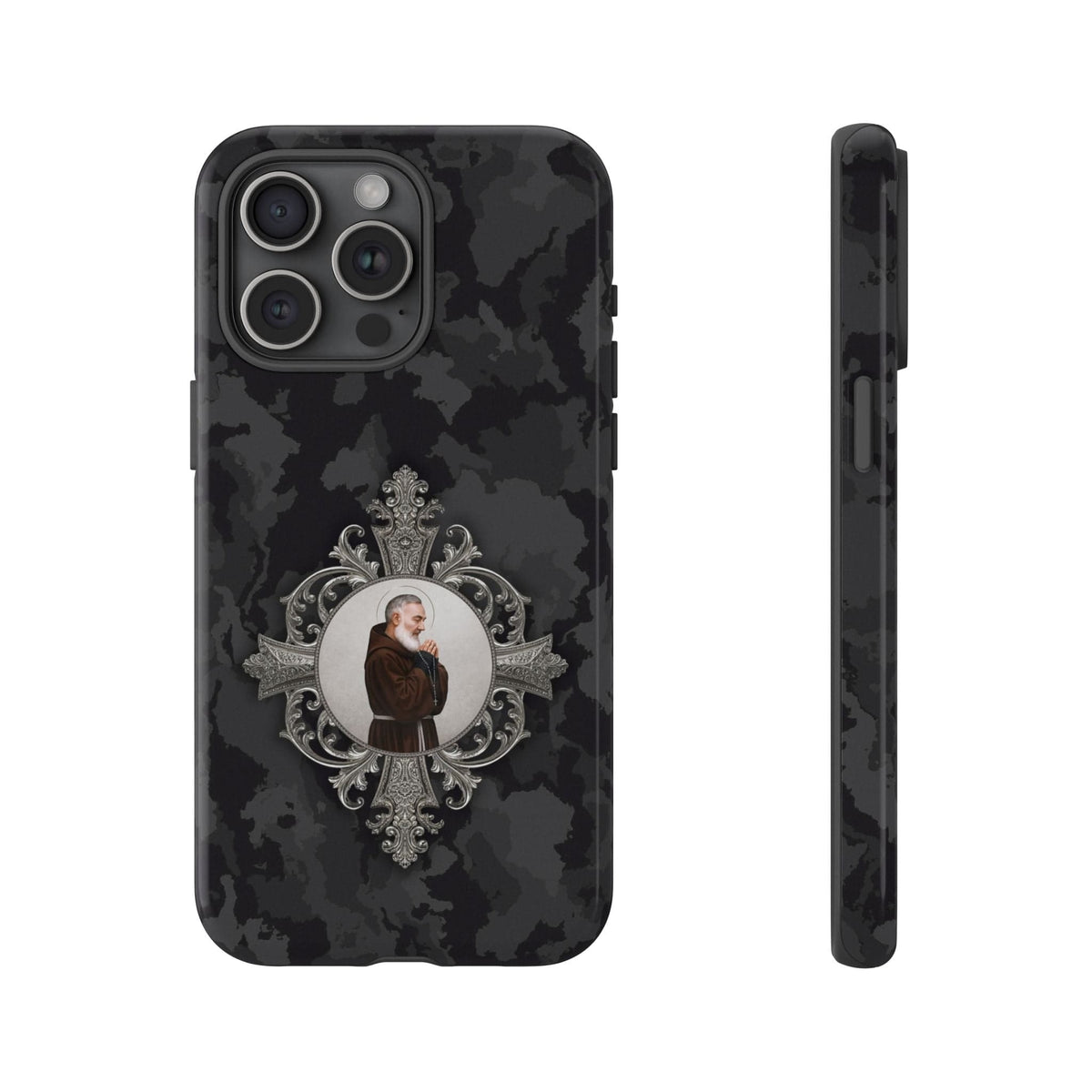 St. Padre Pio Hard Phone Case (Black Camo) Copyright VENXARA