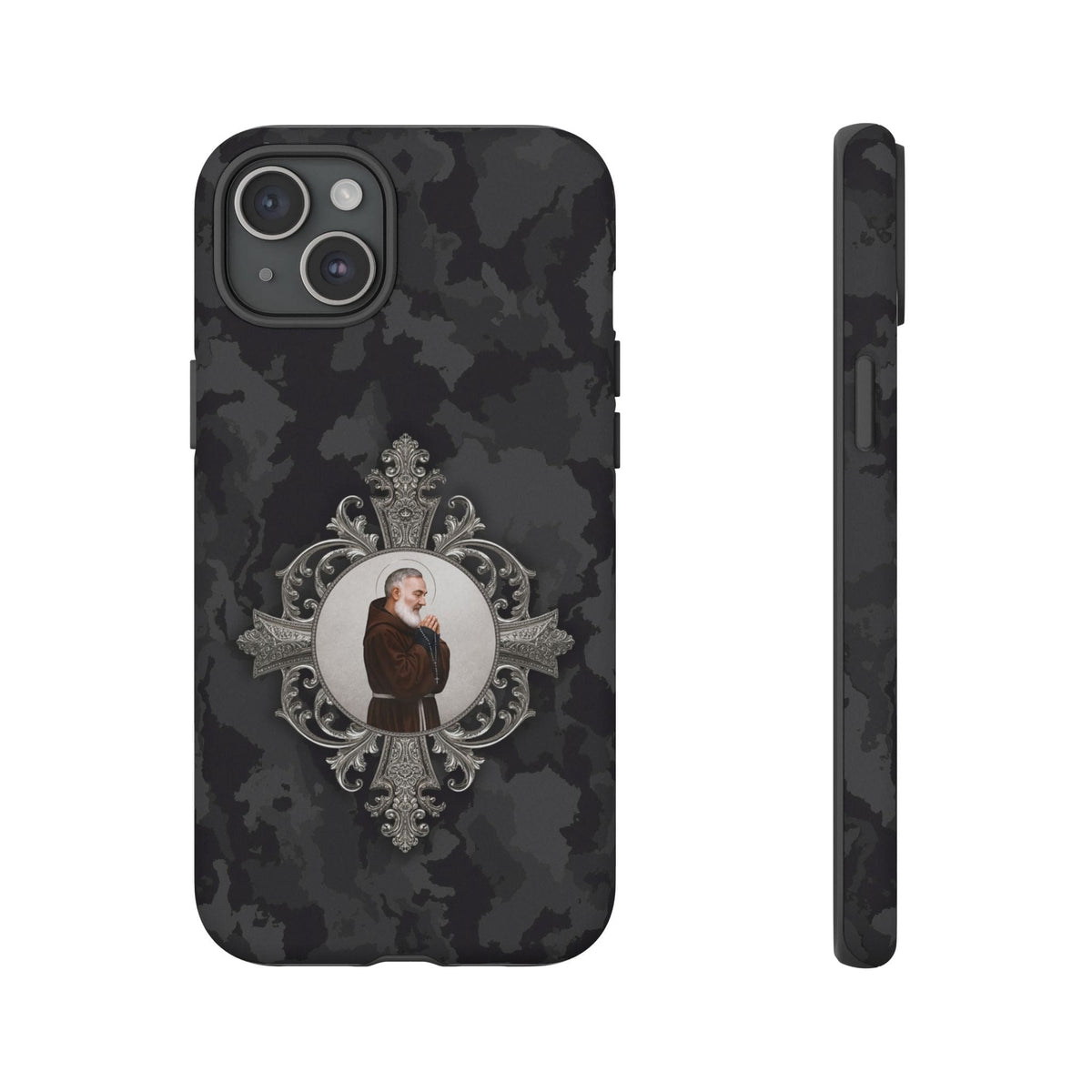 St. Padre Pio Hard Phone Case (Black Camo) Copyright VENXARA